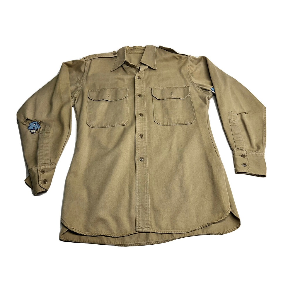 Vintage Tan Military Style Button Up Shirt Holes With Mushroom Patches Large